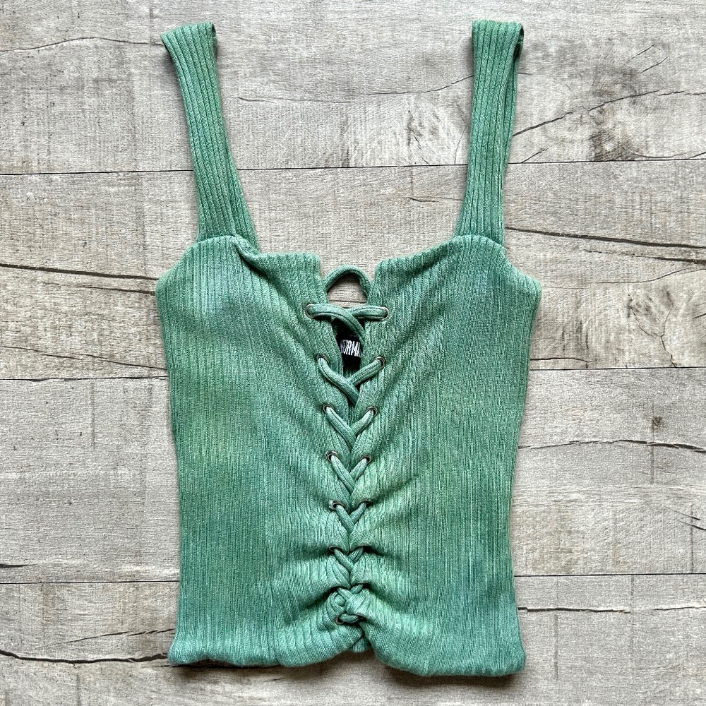 Reformation Sawyer Green Corset Psychedelic 70s Retro Uneven Dye Ribbed Top XS